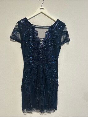 Roaring Twenties Dress Flapper Size XS / Small Navy Blue Beaded Formal Costume